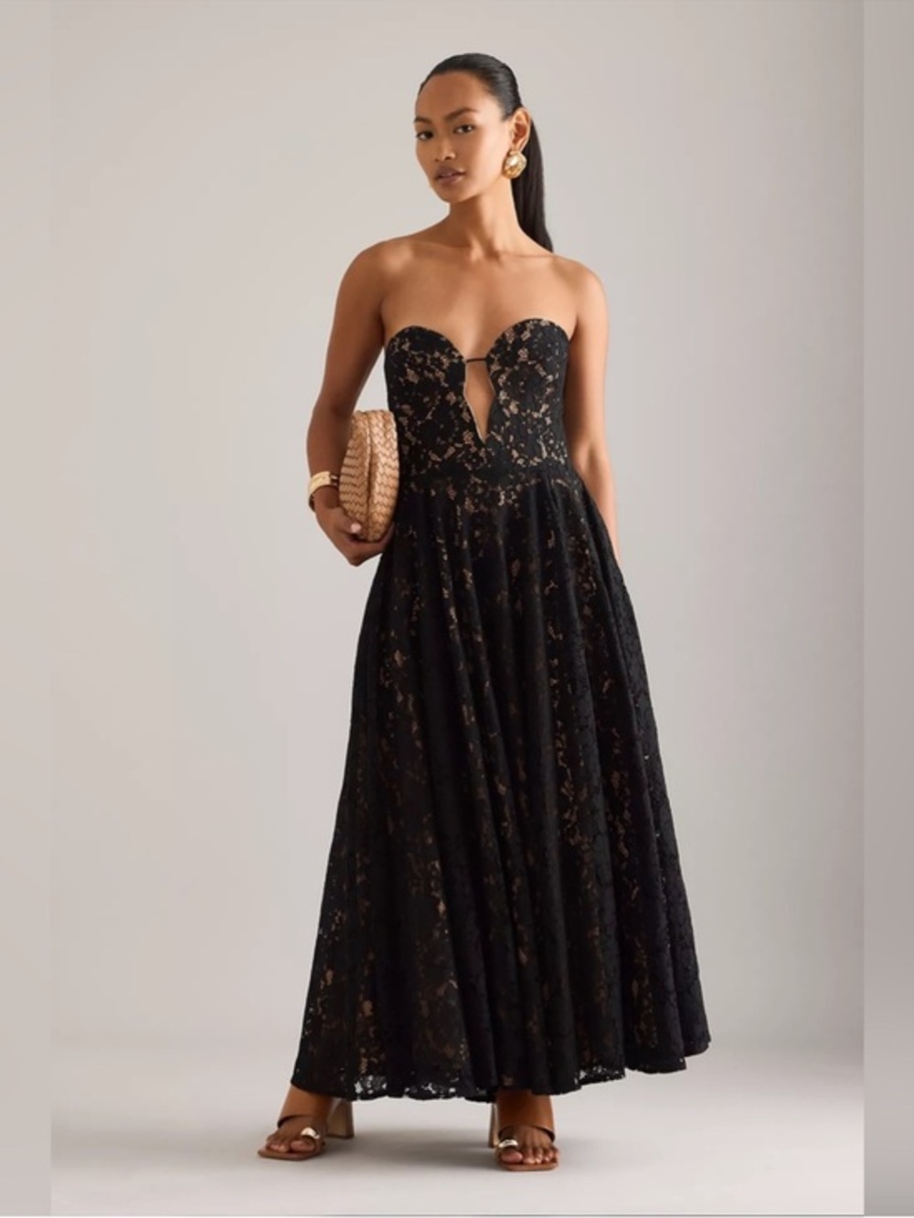 Bardot Opal Volume Lace Midi Dress in Black